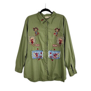 Apple‎ Picking Fall Harvest Shirt 18W-20W Green Embroidered Sequin Button Front